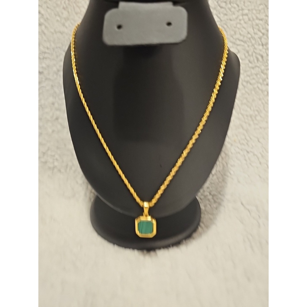 Gold Plated Green Malachite Pendant Necklace with 20 Inch 2mm Gold‎ Rope Chain - Picture 2 of 8